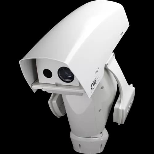 AXIS Q8721-E from AXIS COMMUNICATIONS - Dual PTZ is an IP camera with high-quality thermal detection. The camera is viewed from its left angle.