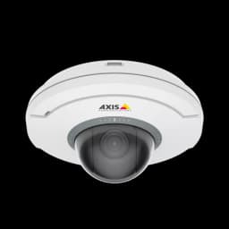 AXIS M5075 from AXIS COMMUNICATIONS - white and black camera with the AXIS LOGO is viewed from its front