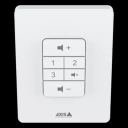 White volume controller for wall mount. C8310 is from Axis Communications - viewed from its front angle