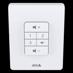 White volume controller for wall mount. C8310 is from Axis Communications - viewed from its front angle