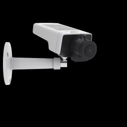 M1135 MKII mounted on wall angled right. In black and white from Axis Communications