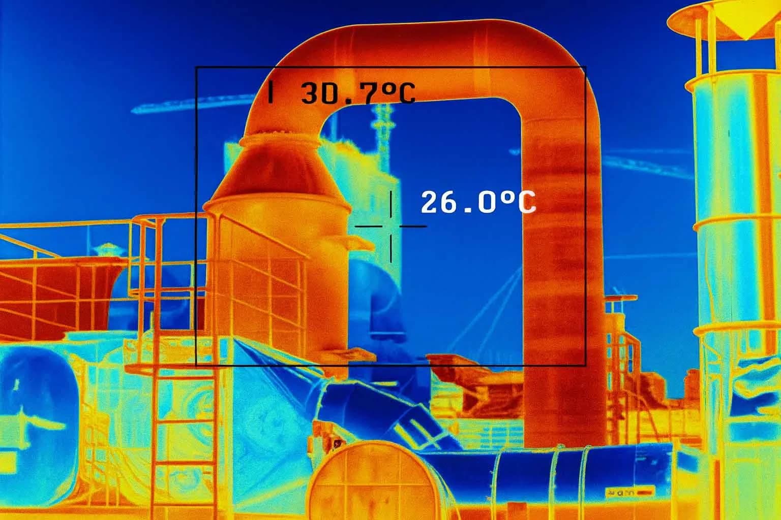 Imagem termográfica de planta industrial mostrando temperaturas